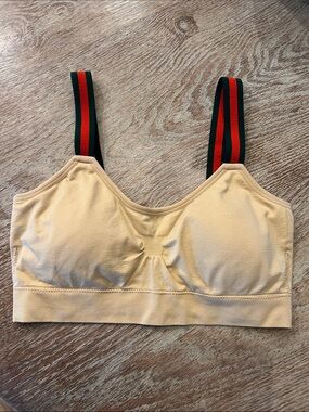Beige Wireless Comfort Bralette with  Green & Red Straps